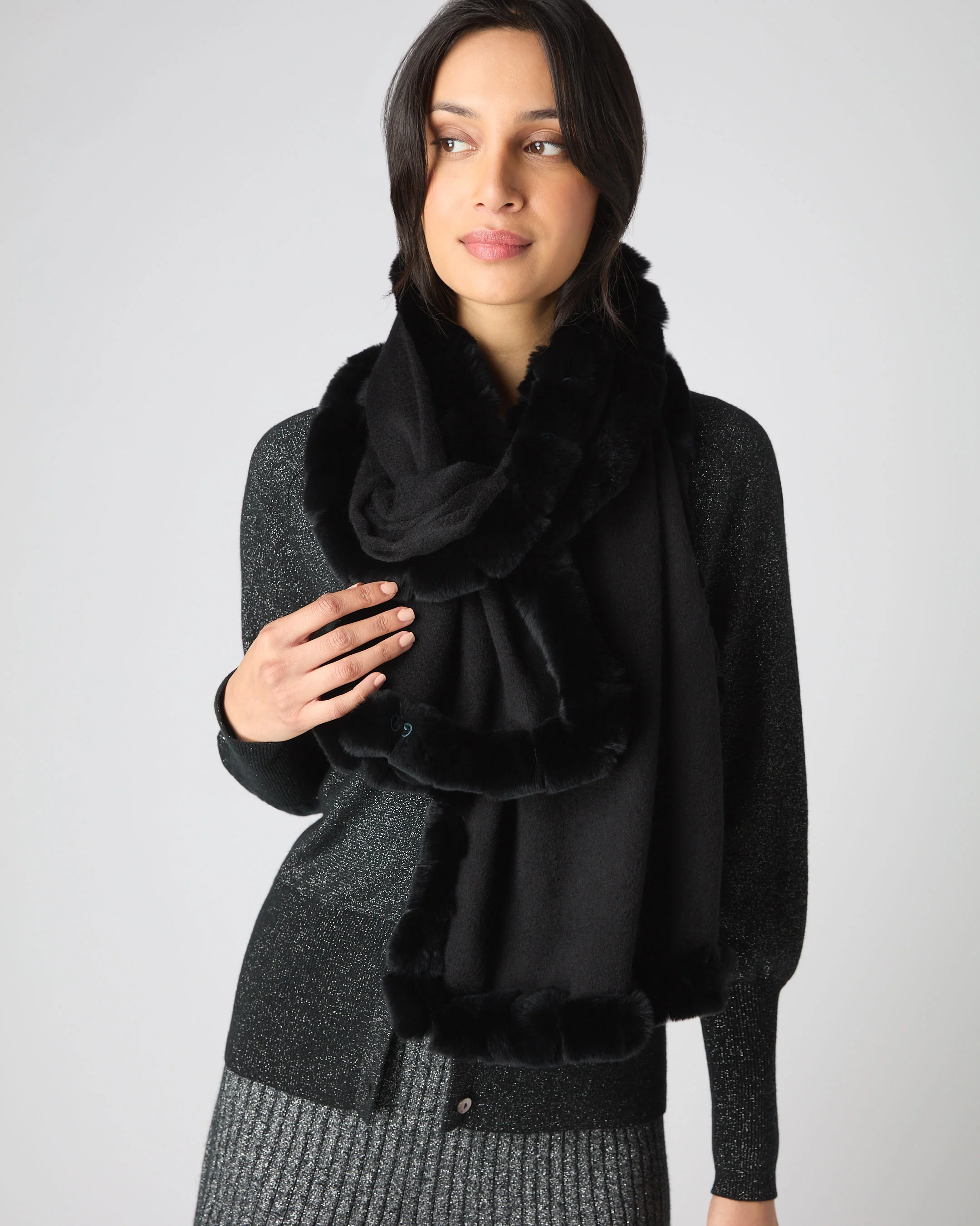Women's Meribel Woven Fur Trim Scarf Black - Image 2
