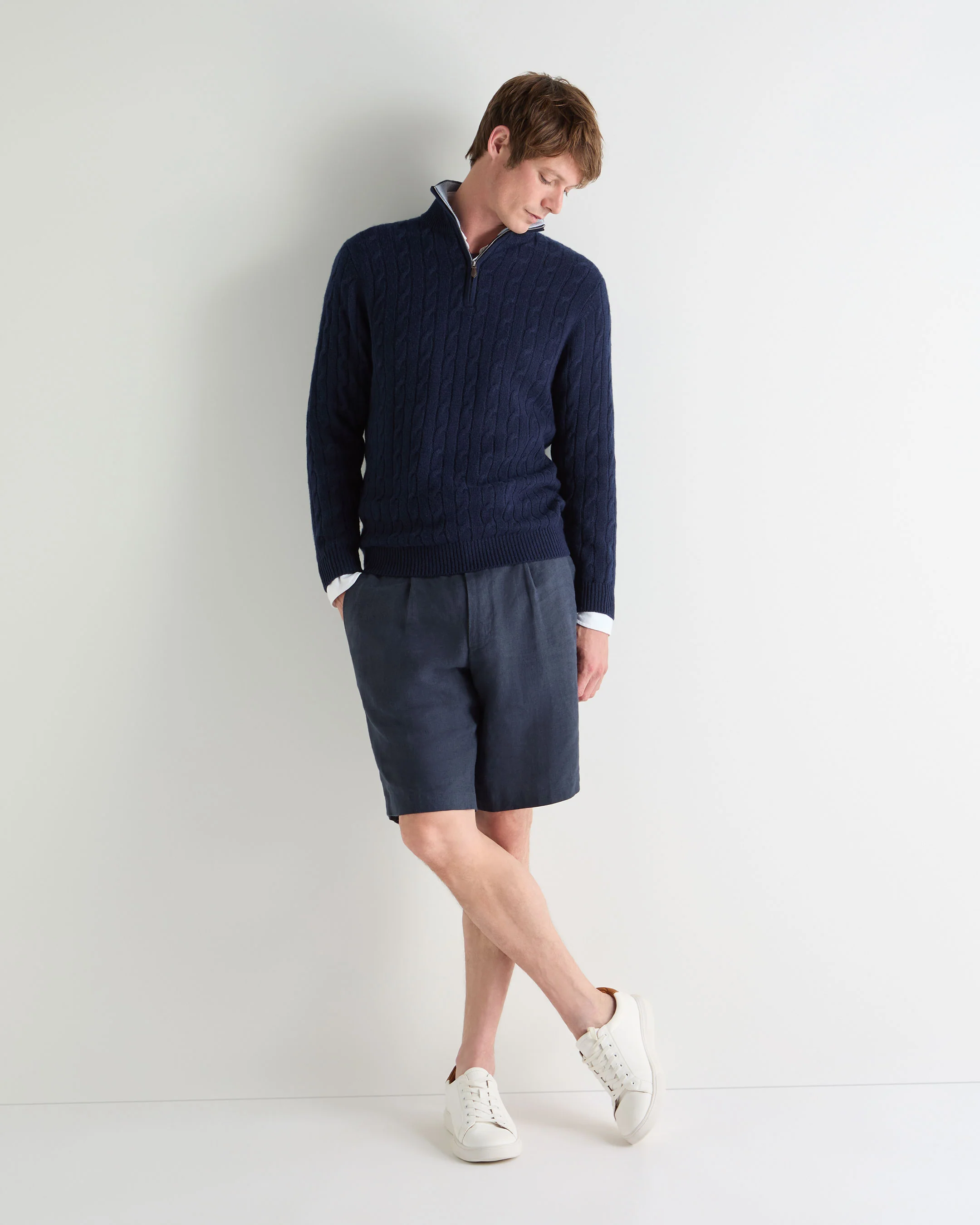 Men's Albemarle Cable Half Zip Cashmere Jumper Deep French Blue - Image 3