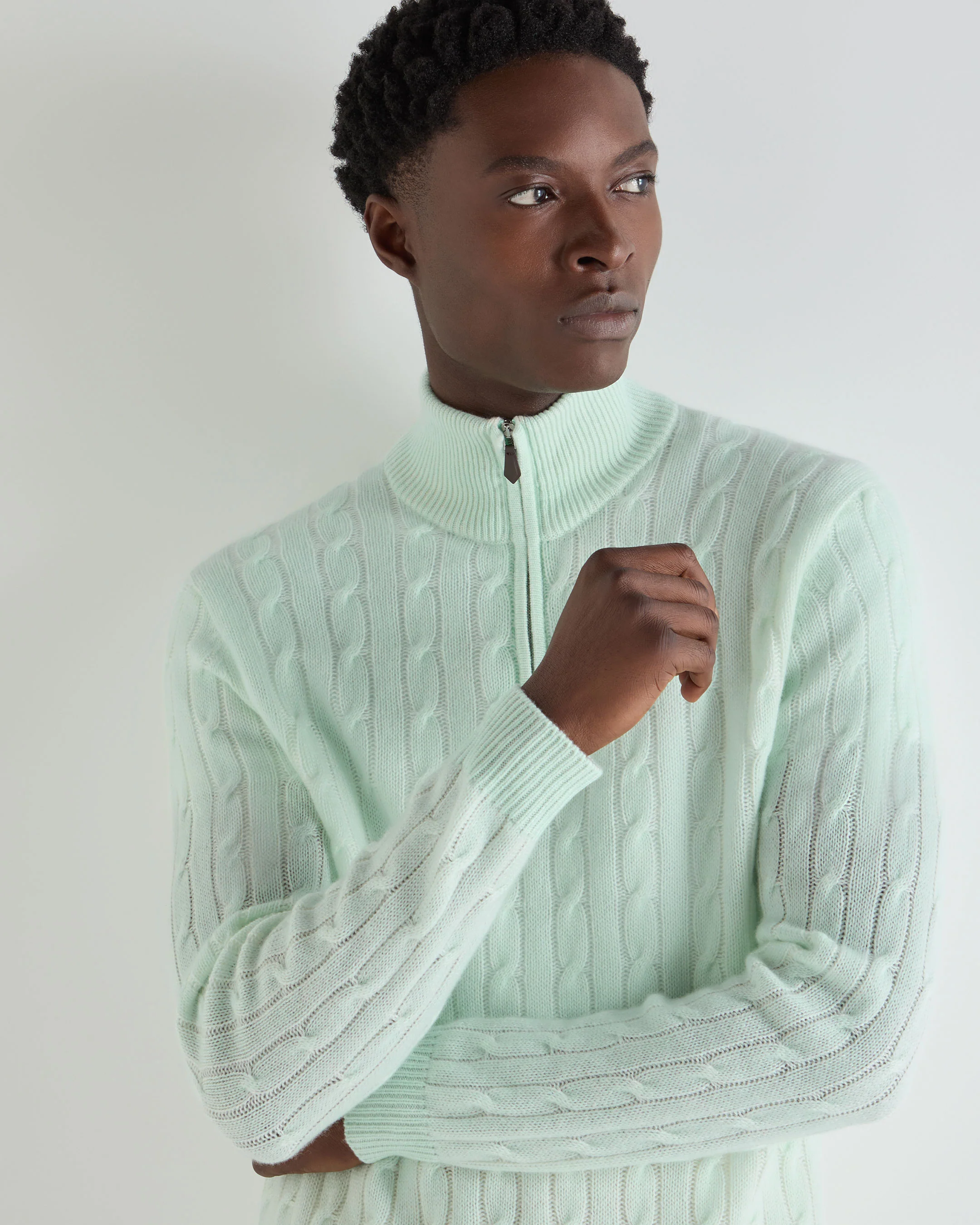 Men's Albemarle Cable Half Zip Cashmere Jumper Mint Green - Image 5