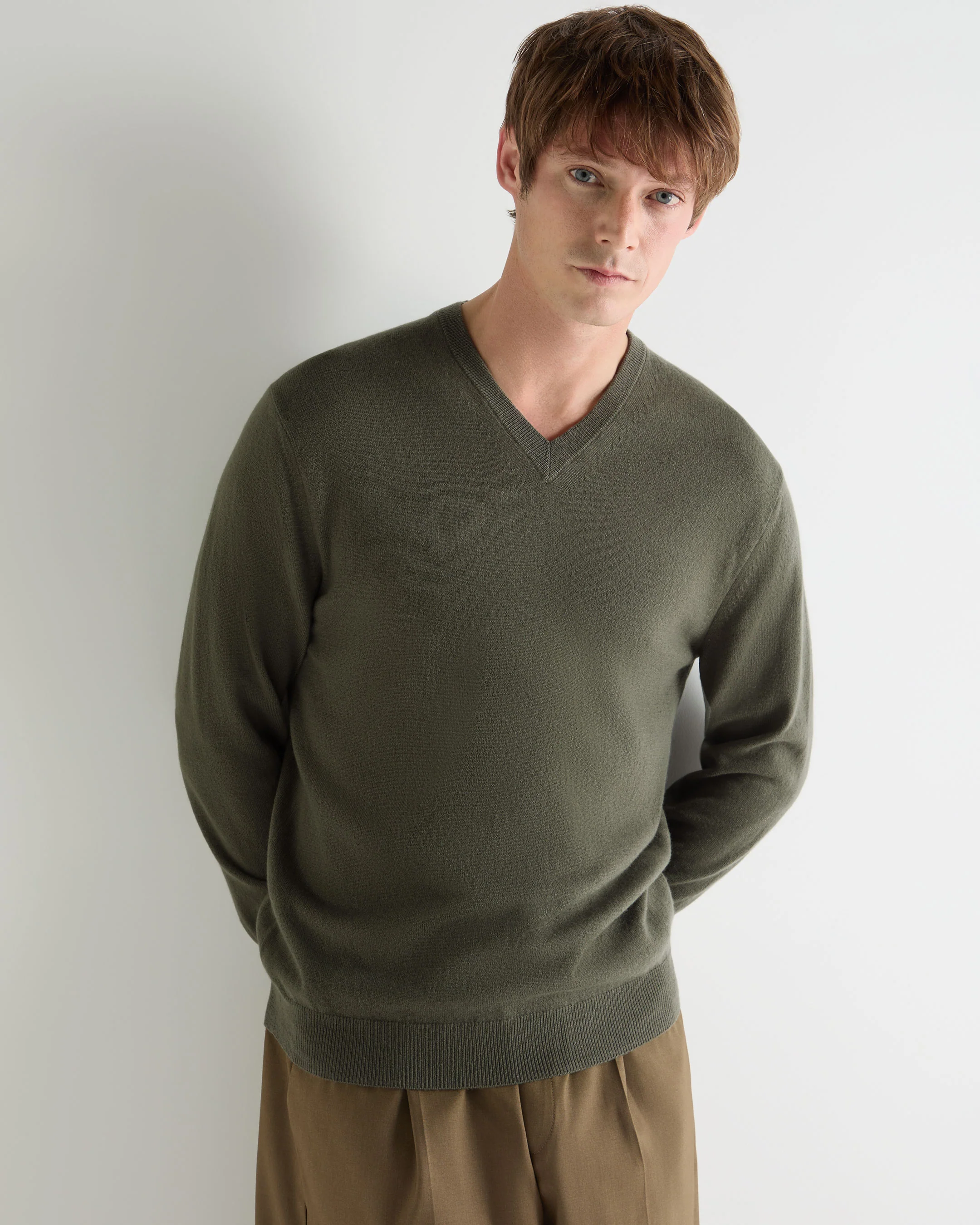 Men's Burlington V Neck Cashmere Jumper Olive Green
