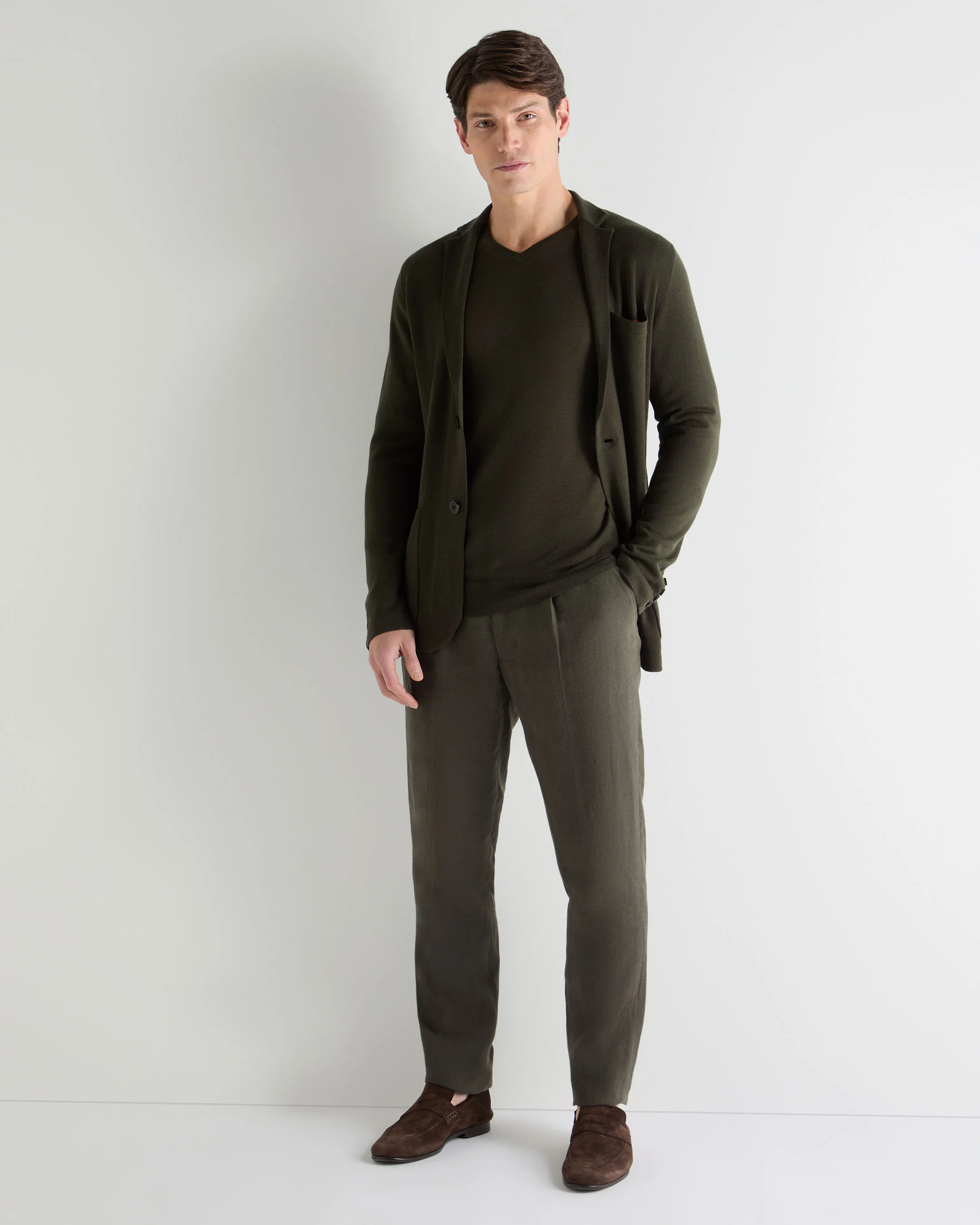 Men's Conduit Fine Gauge Cashmere V Neck Jumper Arabica Khaki Green - Image 3
