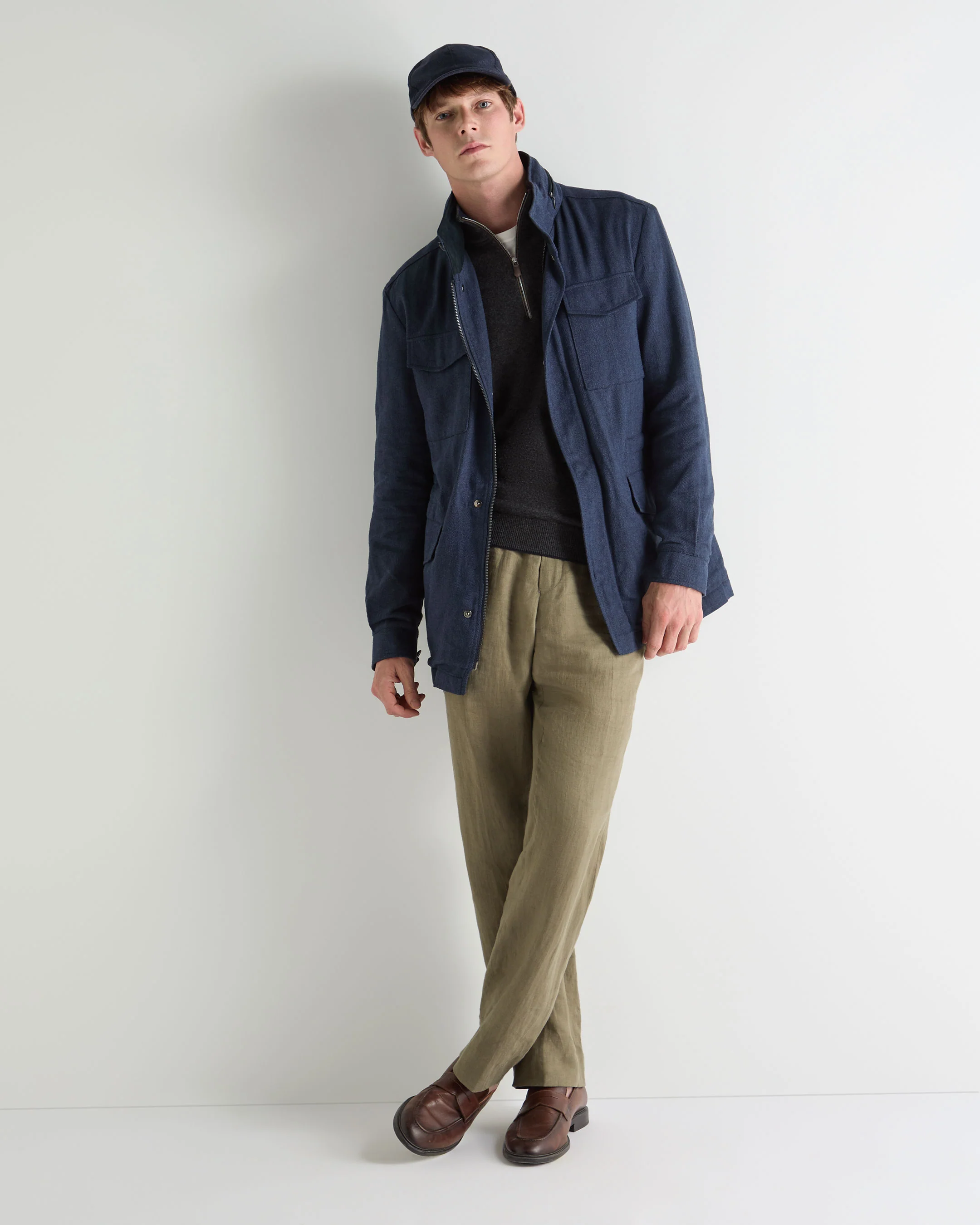 Men's Hampton Linen Blend Field Jacket Navy Blue Herringbone - Image 3
