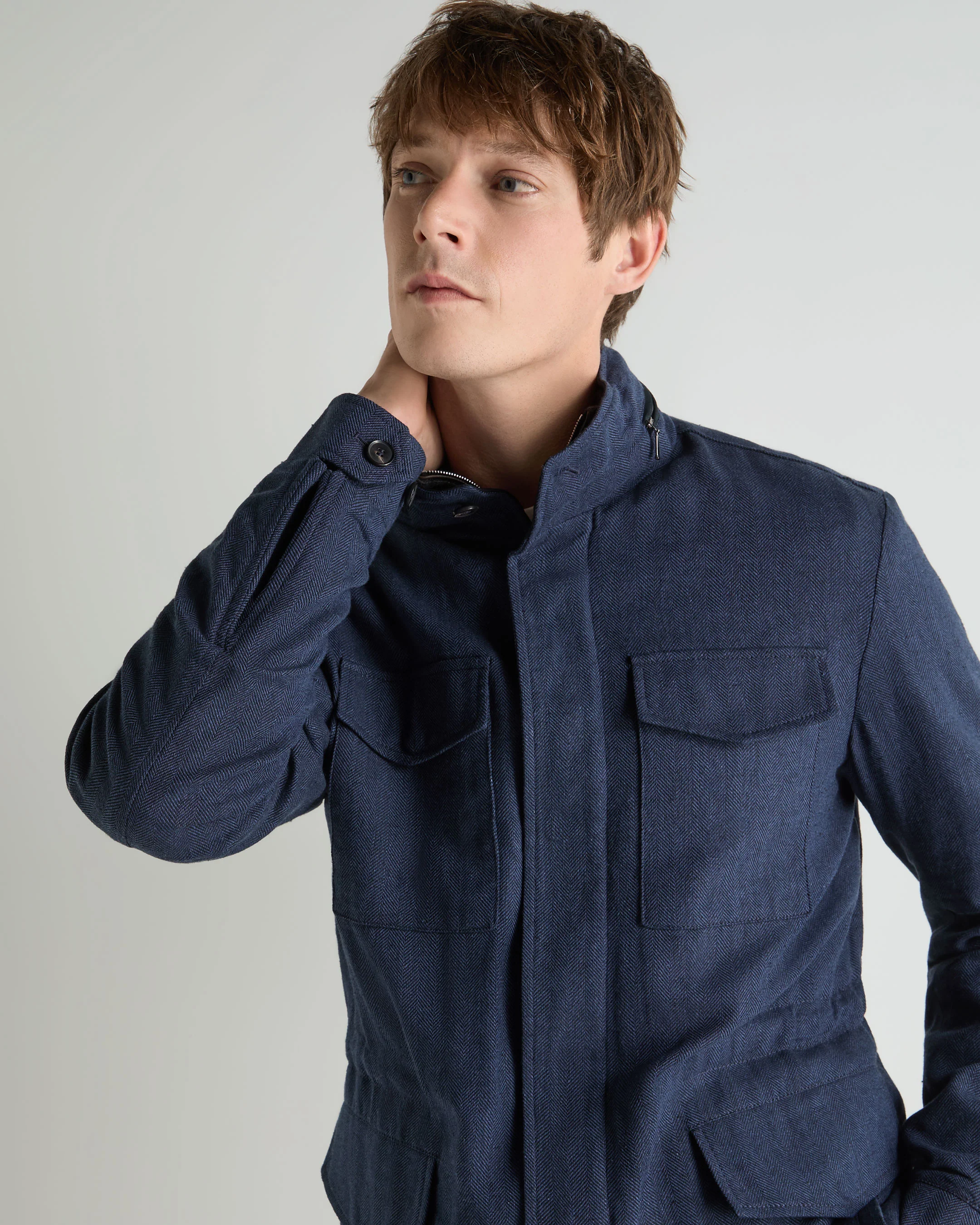 Men's Hampton Linen Blend Field Jacket Navy Blue Herringbone - Image 5
