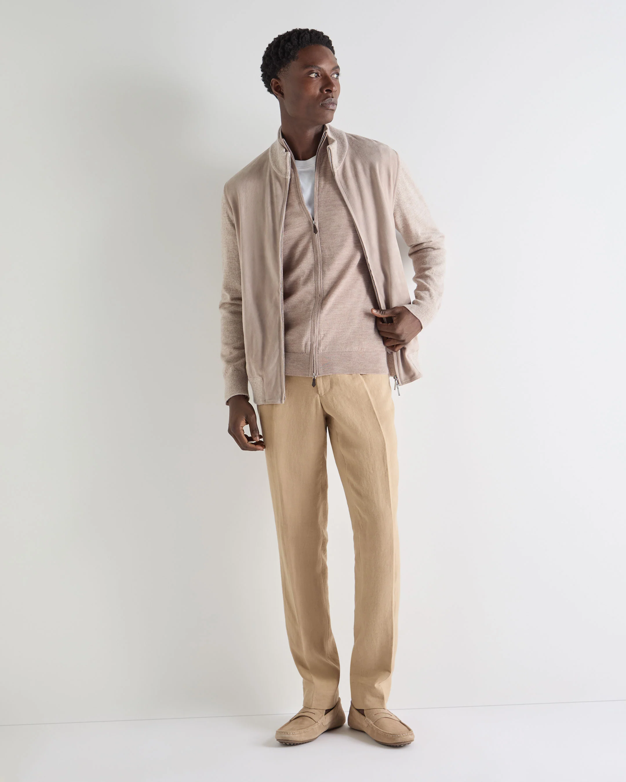 Men's Hyde Fine Gauge Cashmere Full Zip Jumper Soft Taupe Brown - Image 3