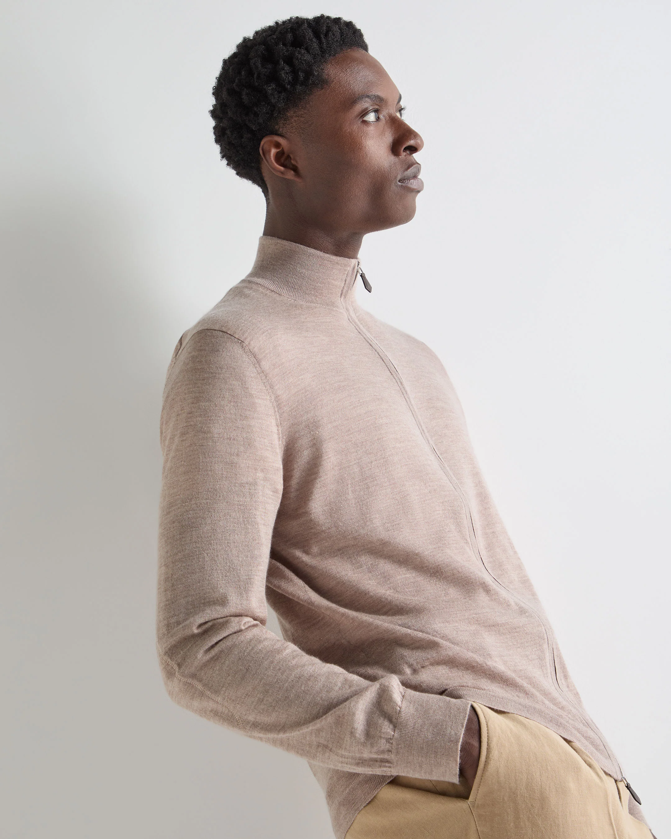 Men's Hyde Fine Gauge Cashmere Full Zip Jumper Soft Taupe Brown - Image 5