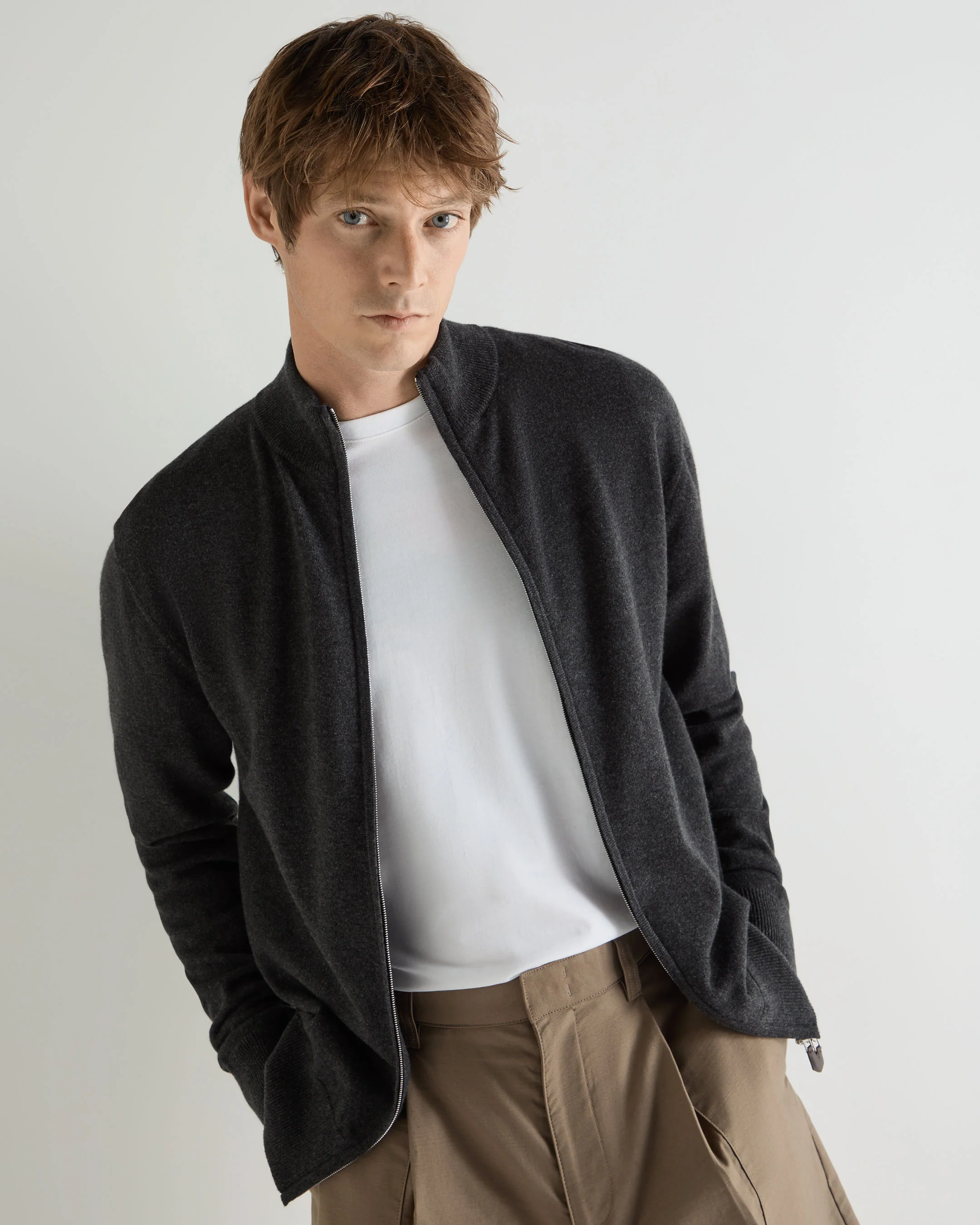 Men's Knightsbridge Full Zip Cashmere Jumper Deep Charcoal Grey
