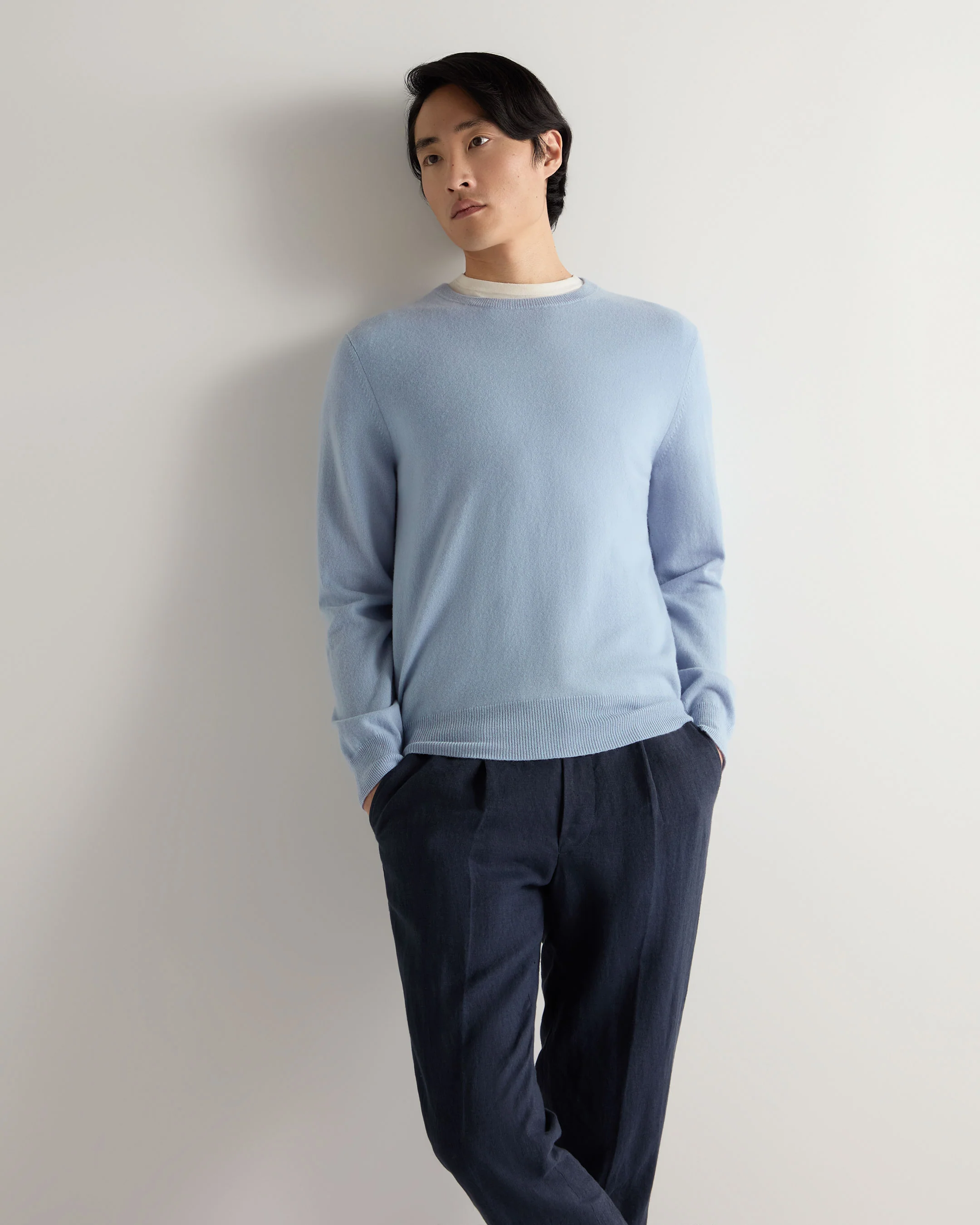 Men's Oxford Round Neck Cashmere Jumper Sea Mist Blue
