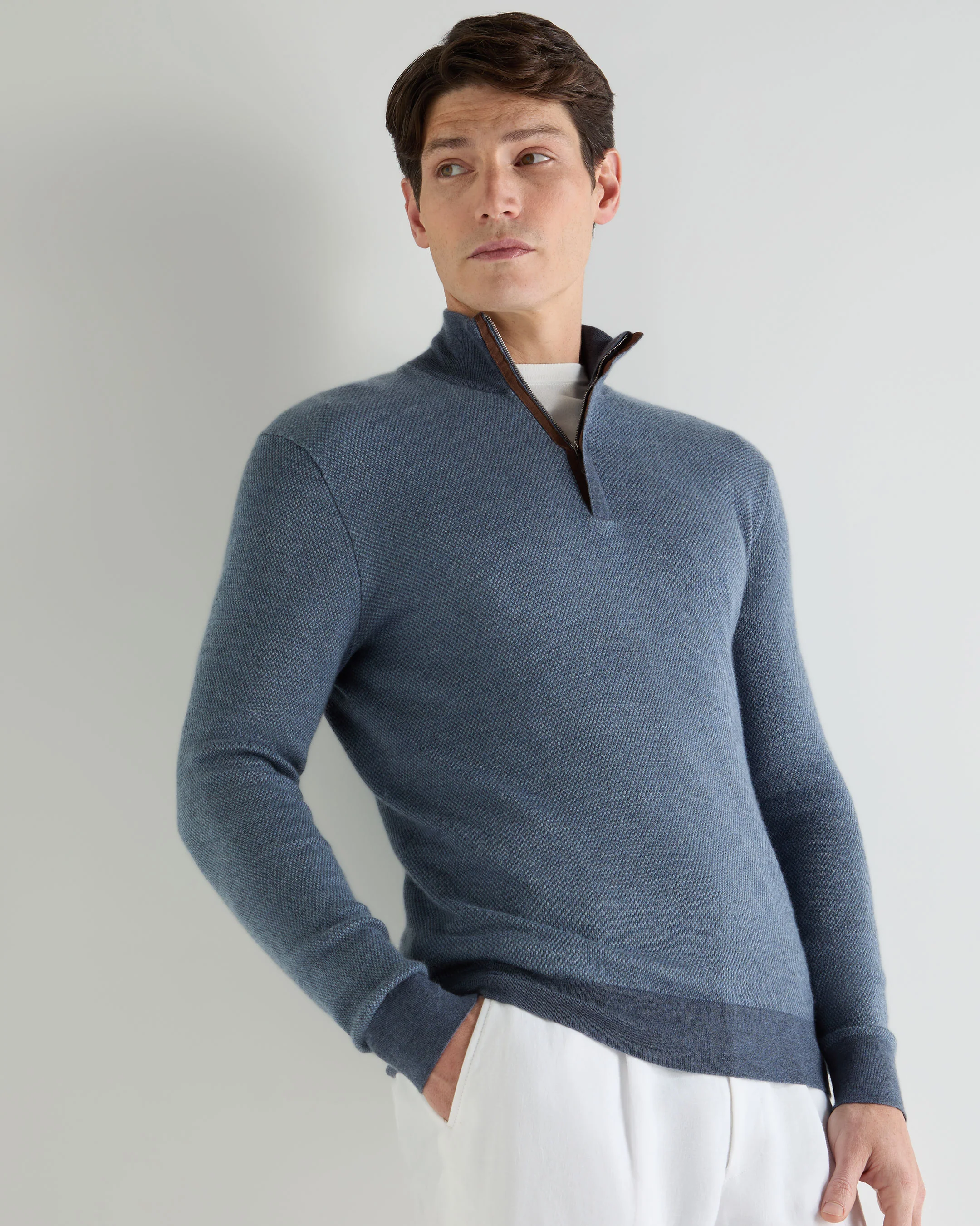 Men's Regent Birdseye Fine Gauge Cashmere Half Zip Jumper Denim Blue Birdseye