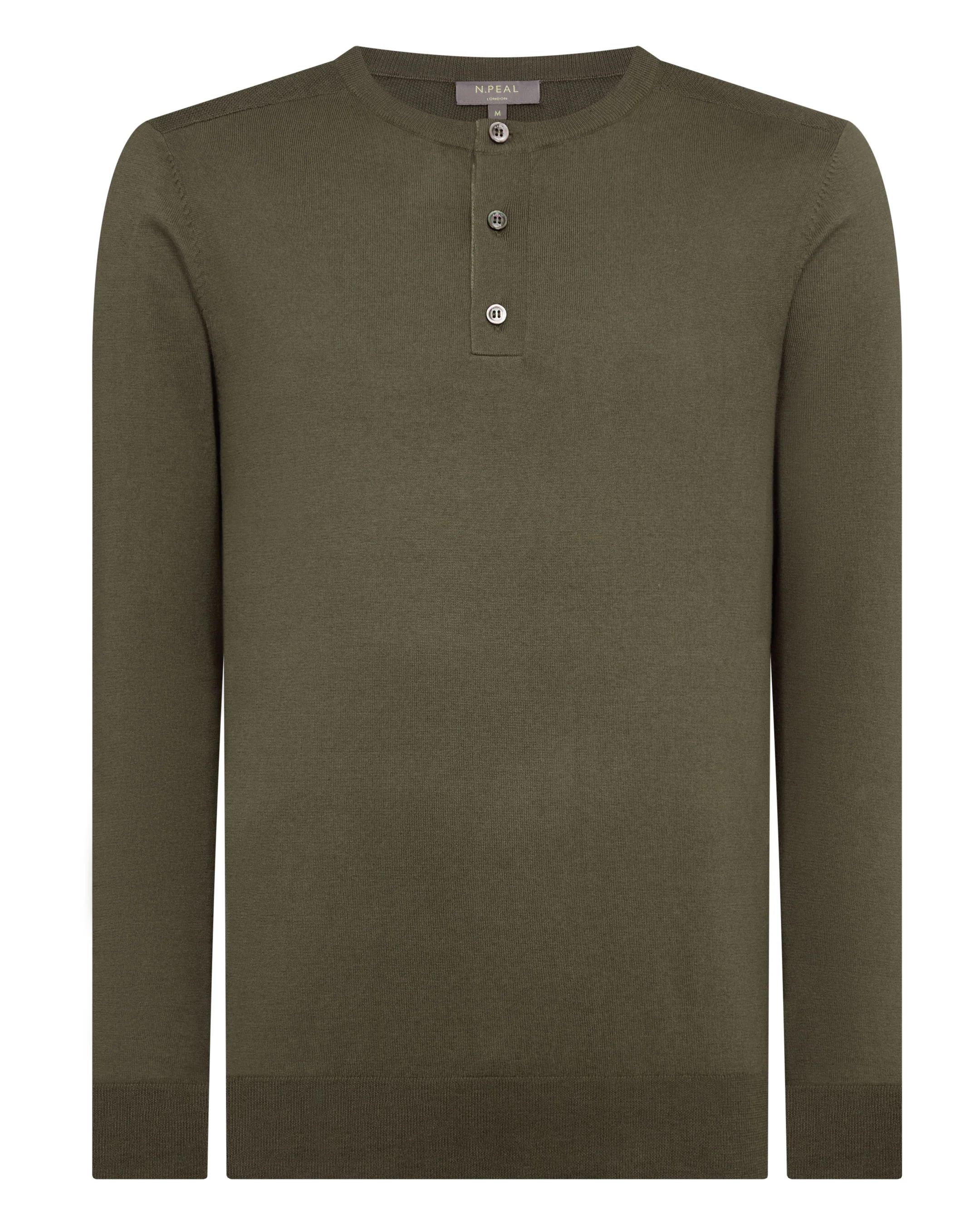 Men's Round Neck Cotton Cashmere Henley Khaki Green - Image 2