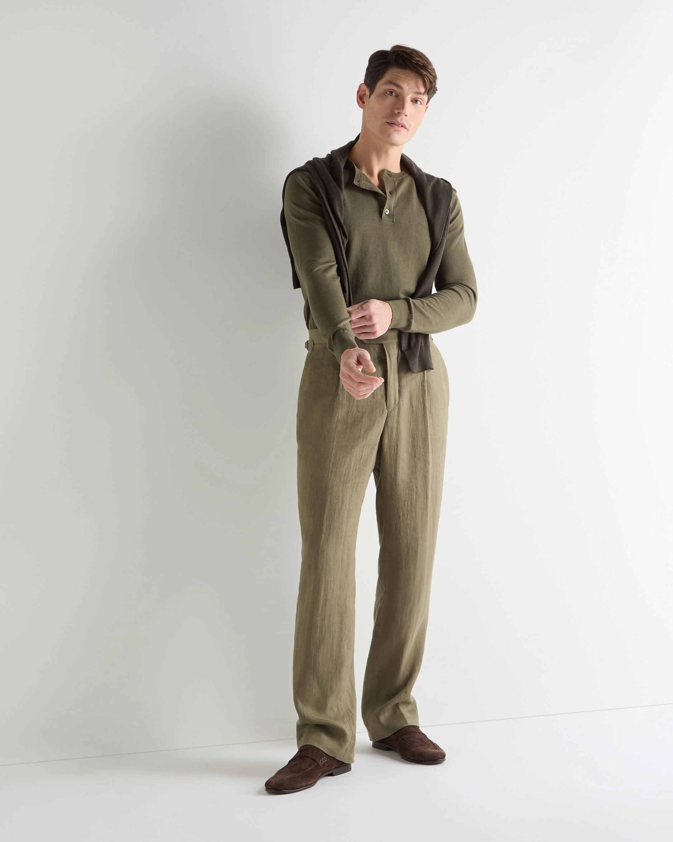 Men's Round Neck Cotton Cashmere Henley Khaki Green - Image 3