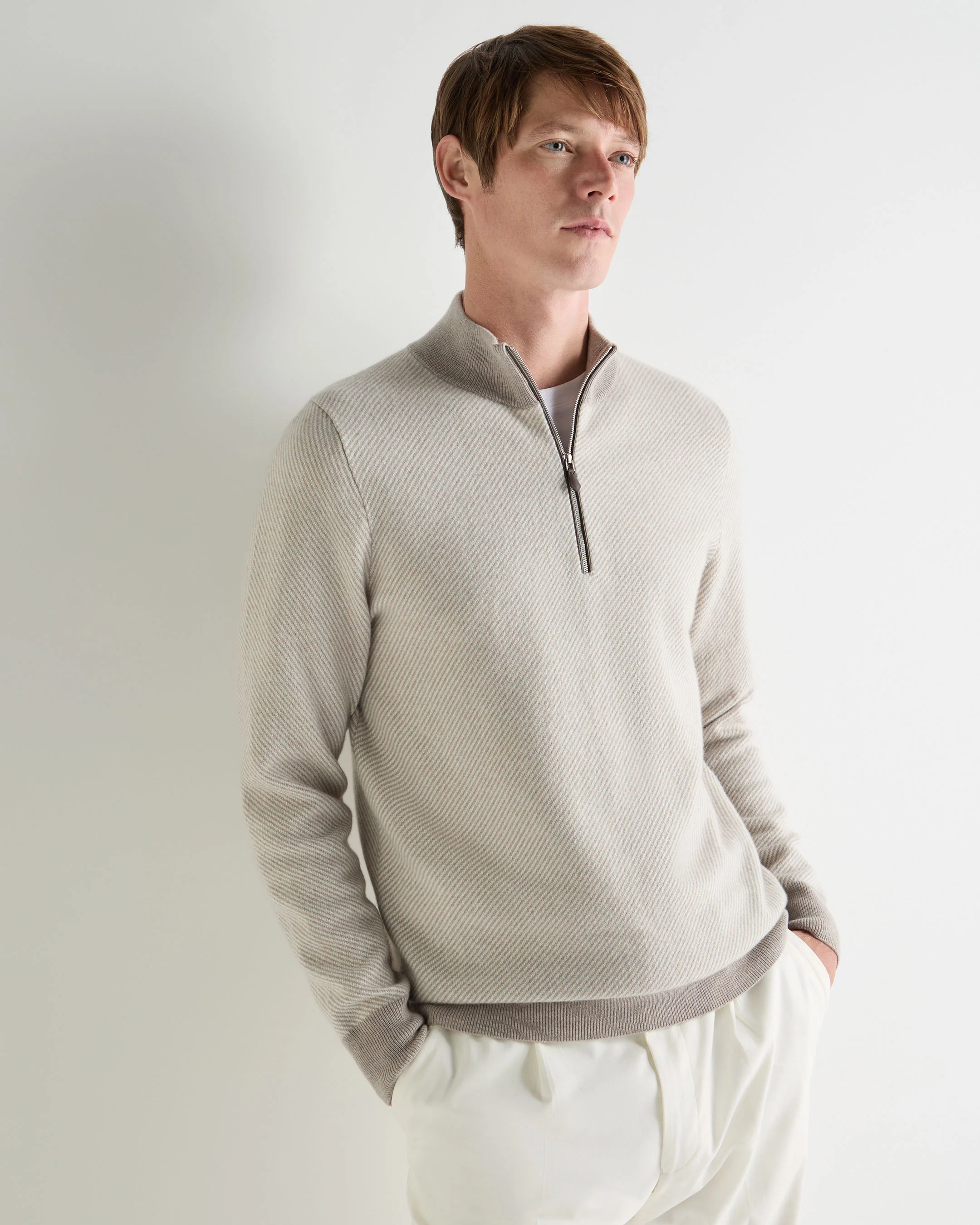 Men's Temple Jacquard Half Zip Cashmere Jumper Oat Grey