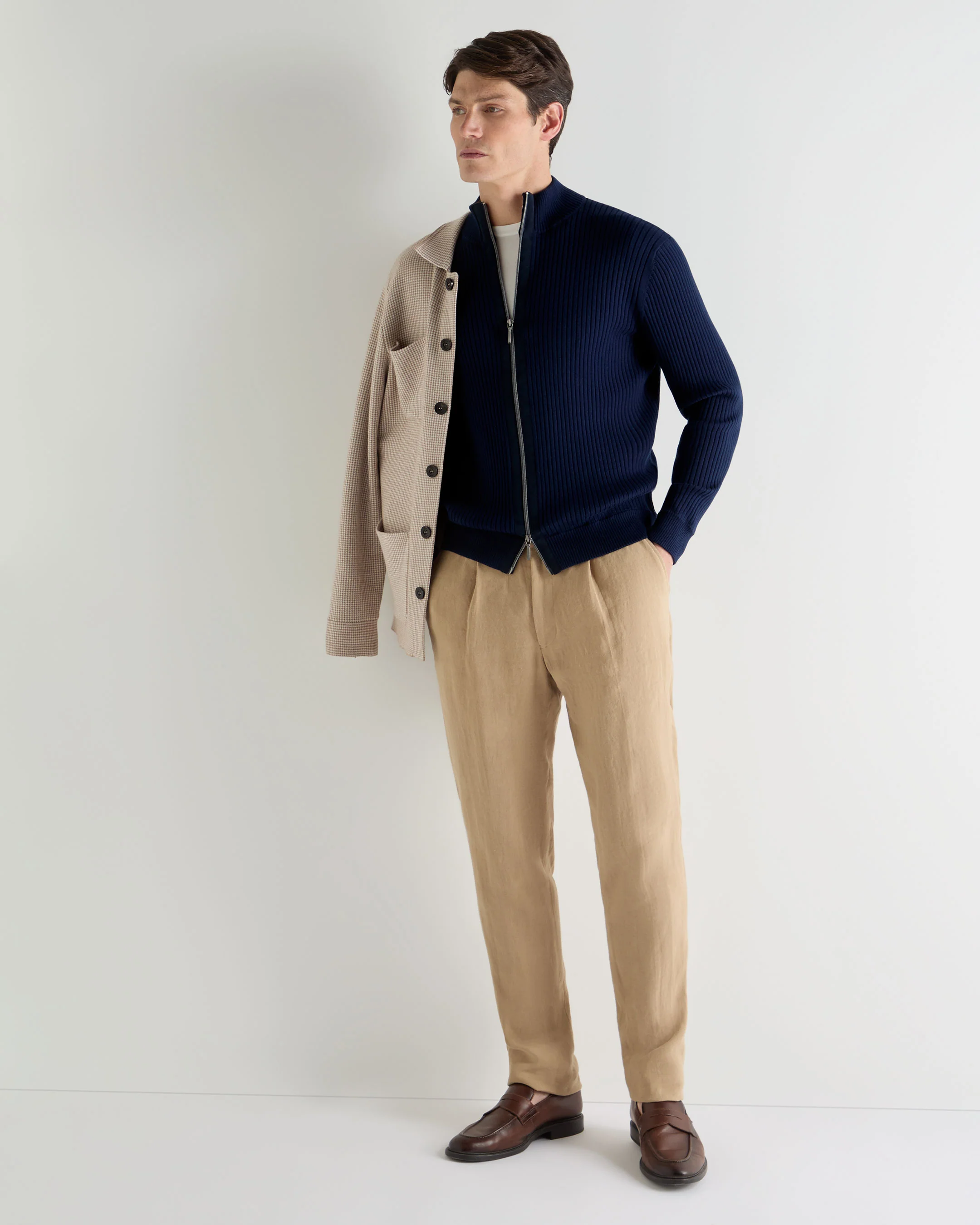 Men's Wide Rib Zip Through Cotton Blend Jumper Deep French Blue - Image 3