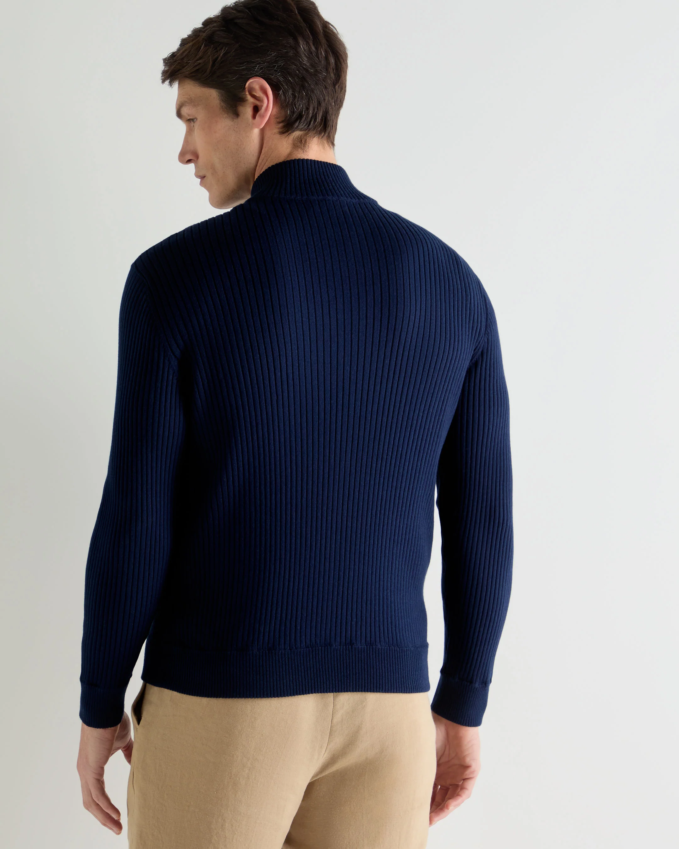 Men's Wide Rib Zip Through Cotton Blend Jumper Deep French Blue - Image 4