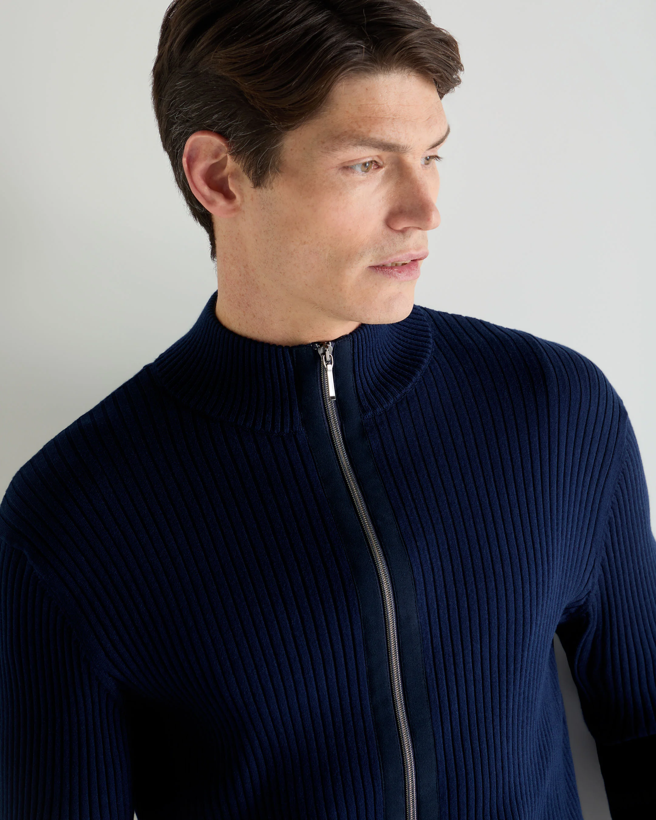 Men's Wide Rib Zip Through Cotton Blend Jumper Deep French Blue - Image 5