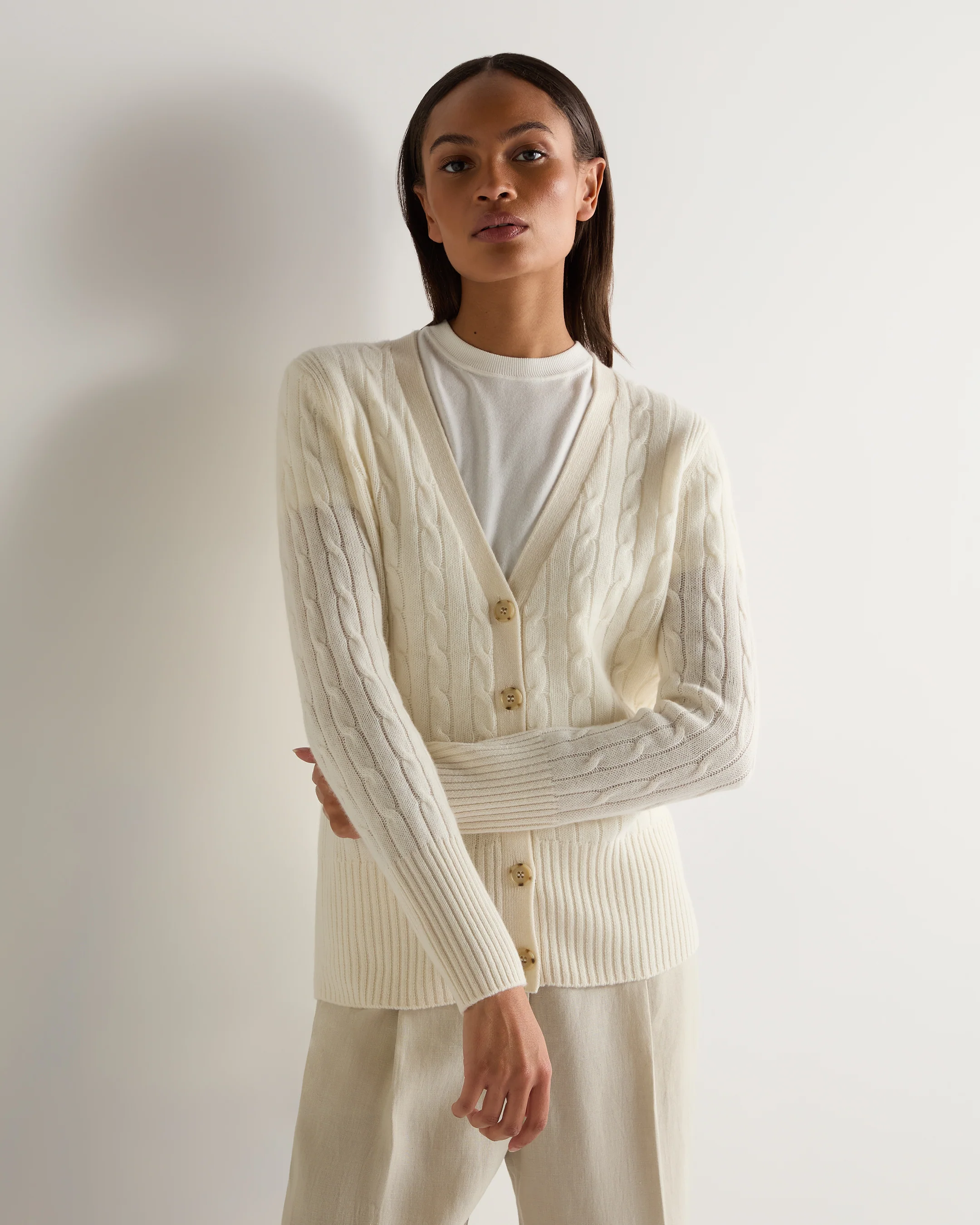 Women's Clara Cable V Neck Cashmere Cardigan New Ivory White