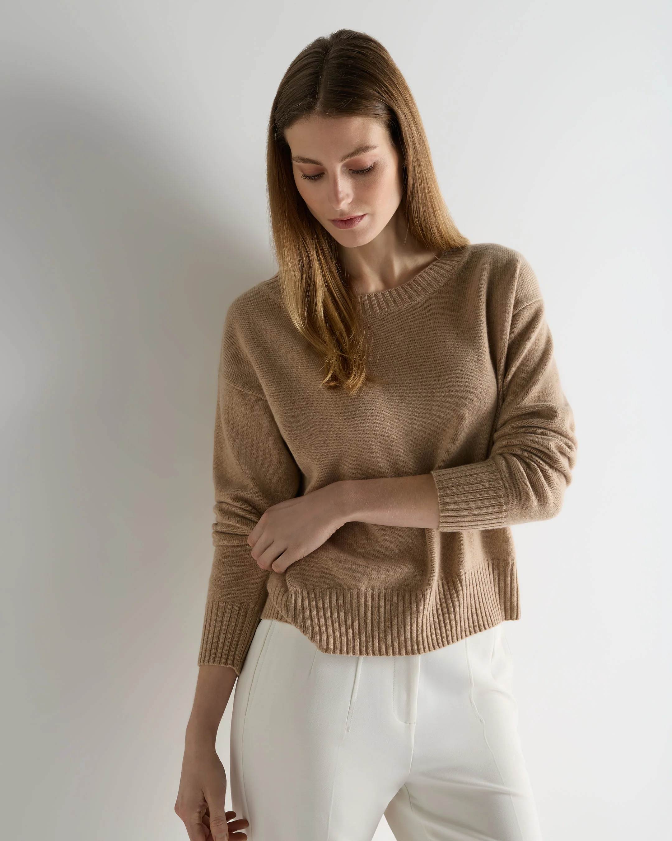 Women's Crop Boat Neck Cashmere Jumper Cappuccino Brown