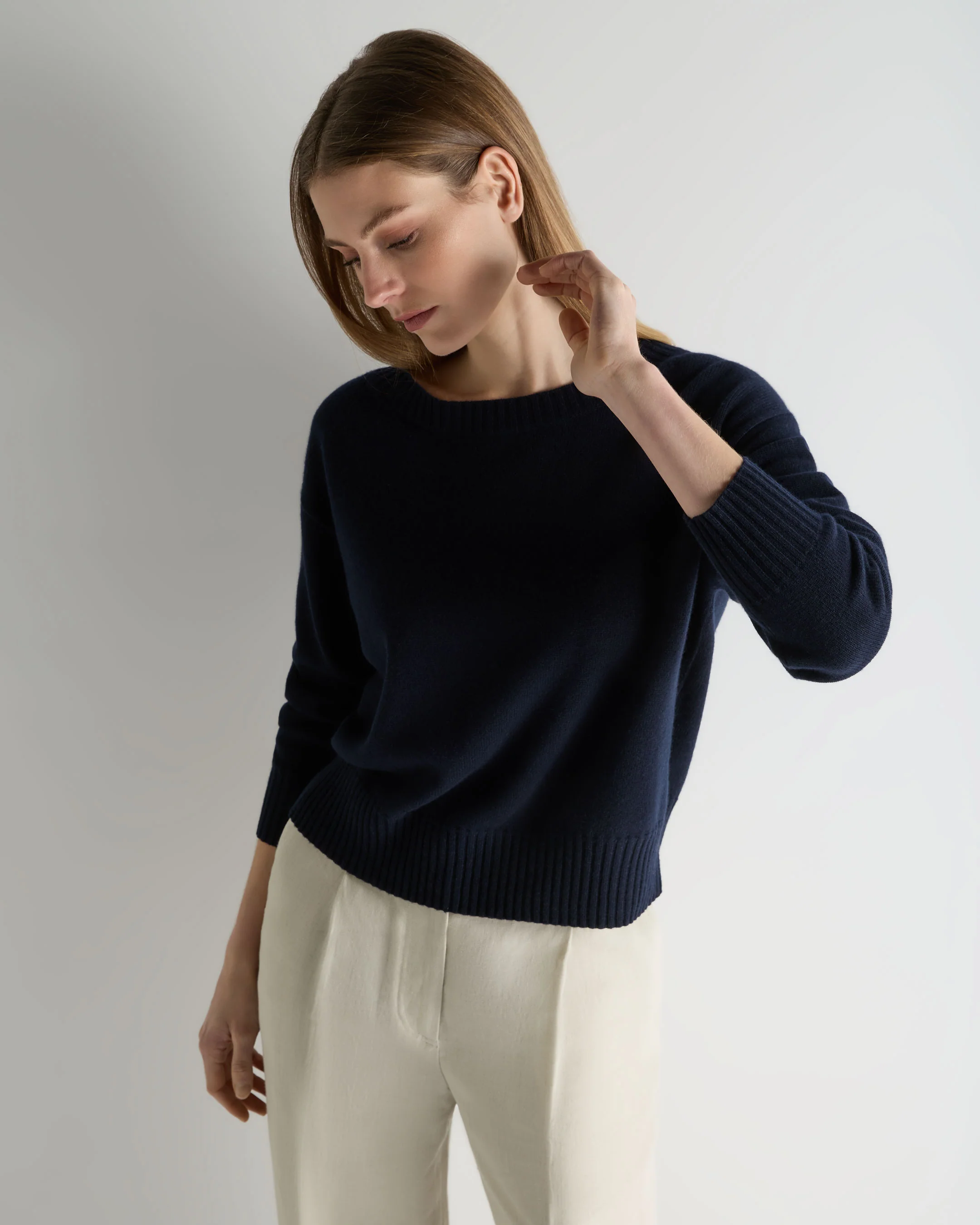 Women's Crop Boat Neck Cashmere Jumper Navy Blue