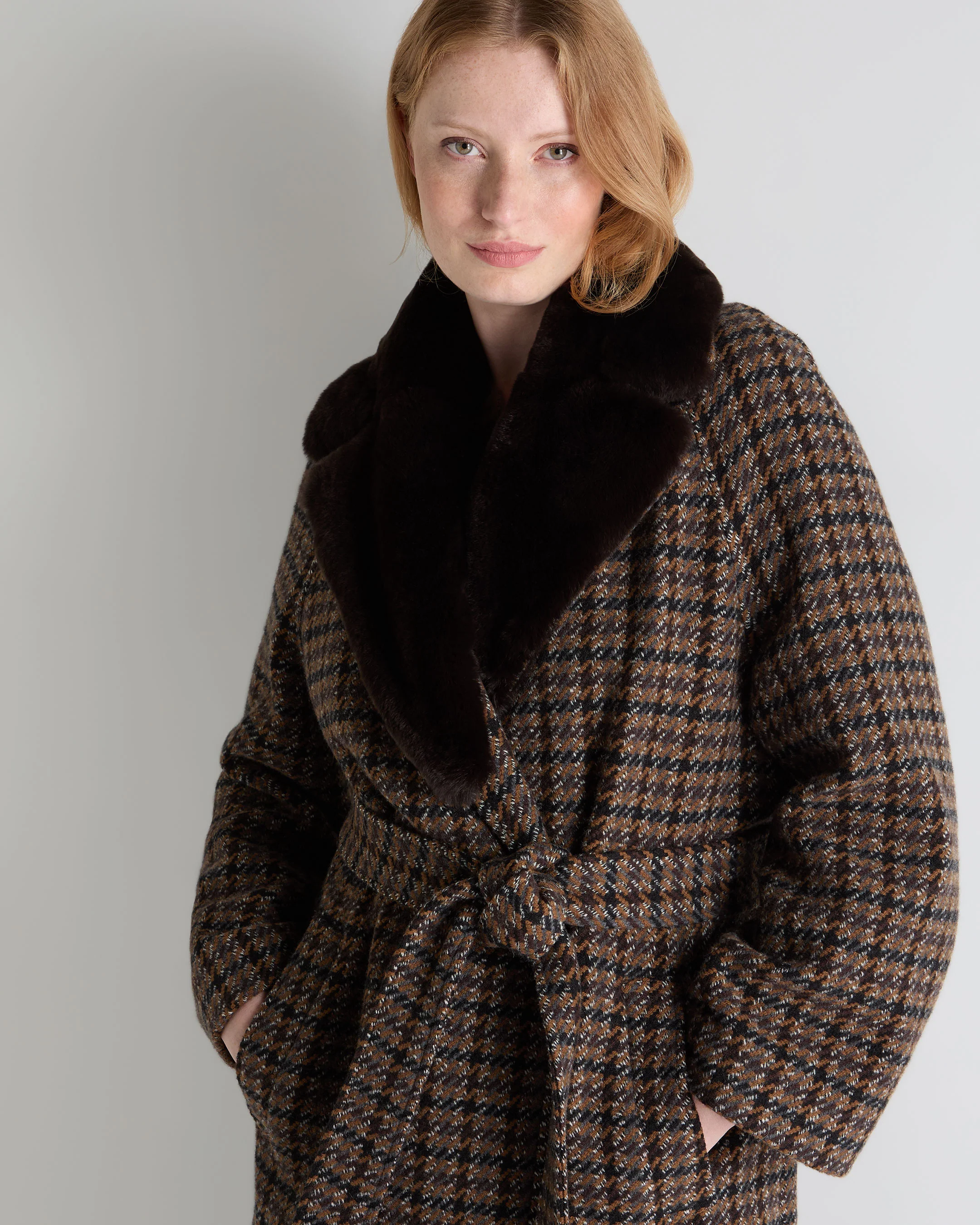 Women's Dogtooth Fur Trim Coat Brown - Image 5