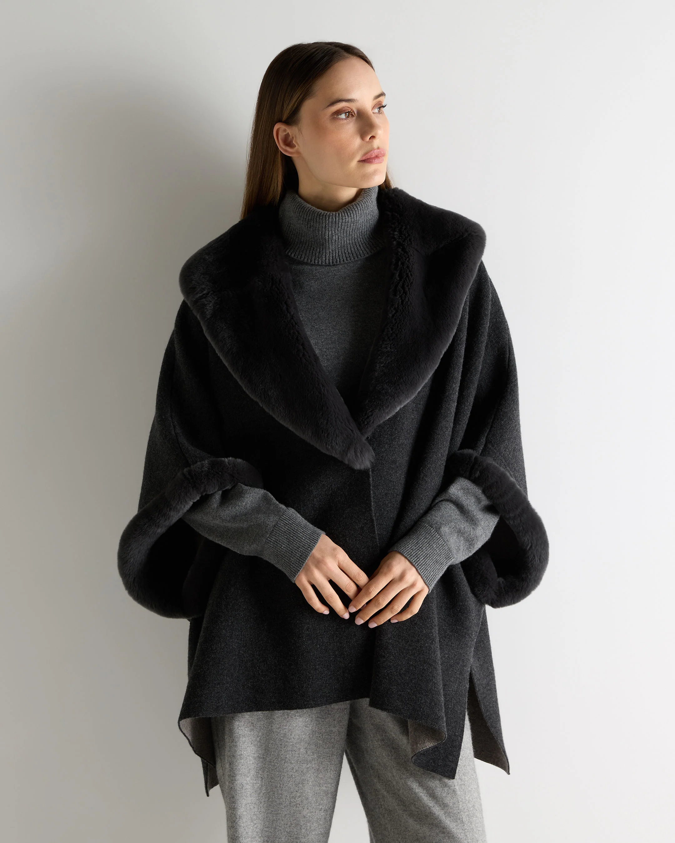 Women's Double Face Fur Cape Dark Graphite Grey