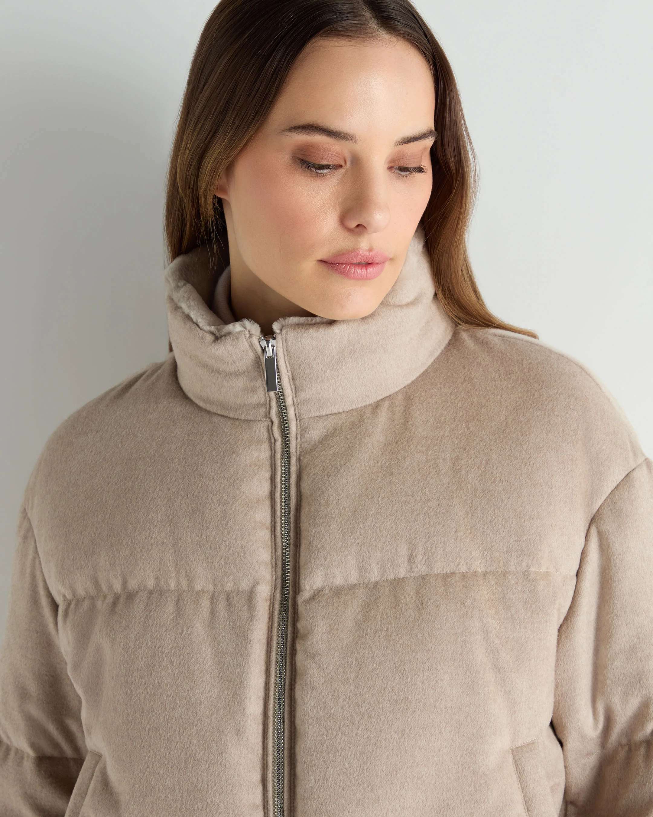 Women's Fur Cuff Padded Jacket Beige Brown - Image 5