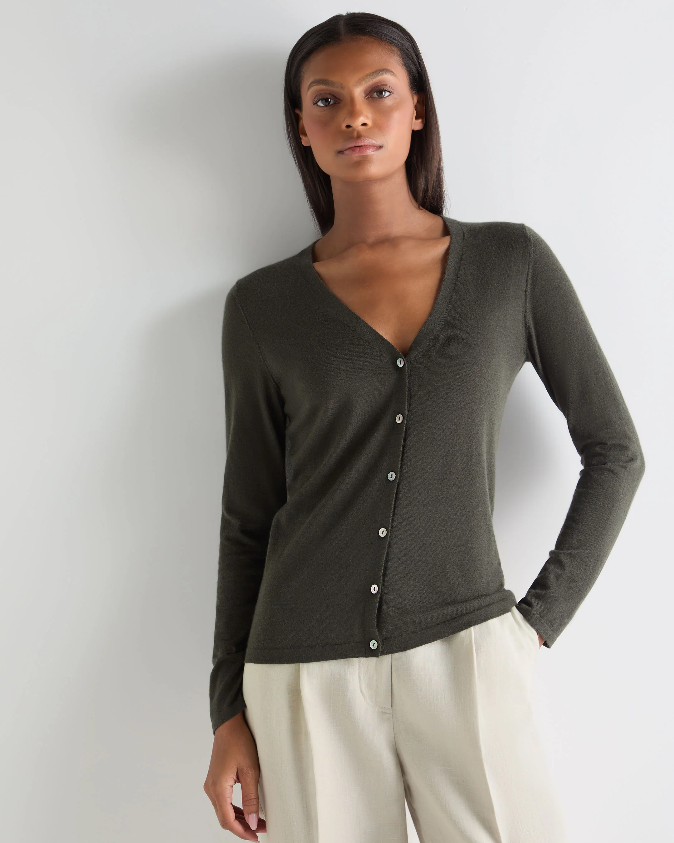 Women's Mia Superfine Cashmere V Neck Cardigan Arabica Khaki Green