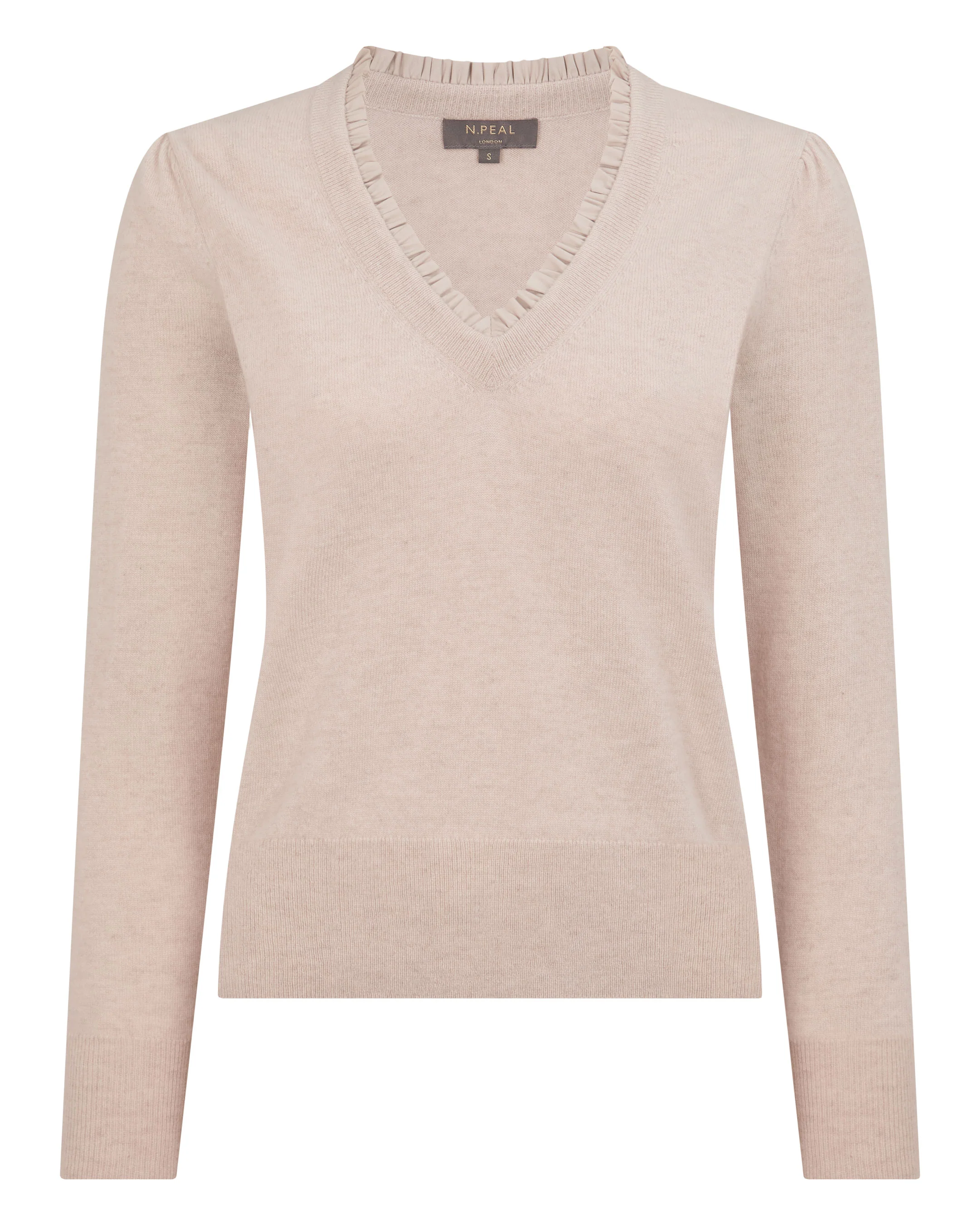 Women's Ruffle Trim V Neck Cashmere Jumper Ecru White - Image 2